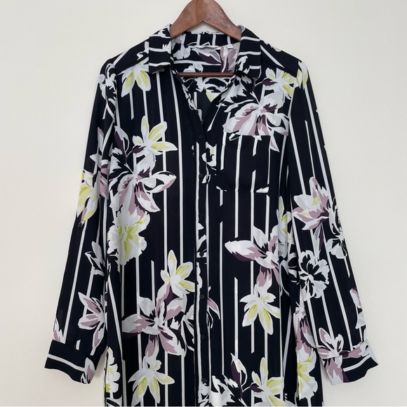 Reitmans Floral Striped Tunic Blouse Medium Side Slits Longline Lightweight - Picture 3 of 12